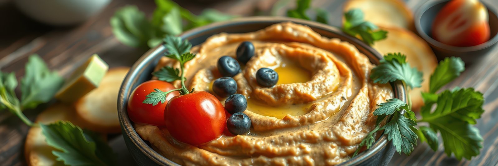 Delicious hummus served in a bowl with fresh vegetables and herbs on a rustic table
